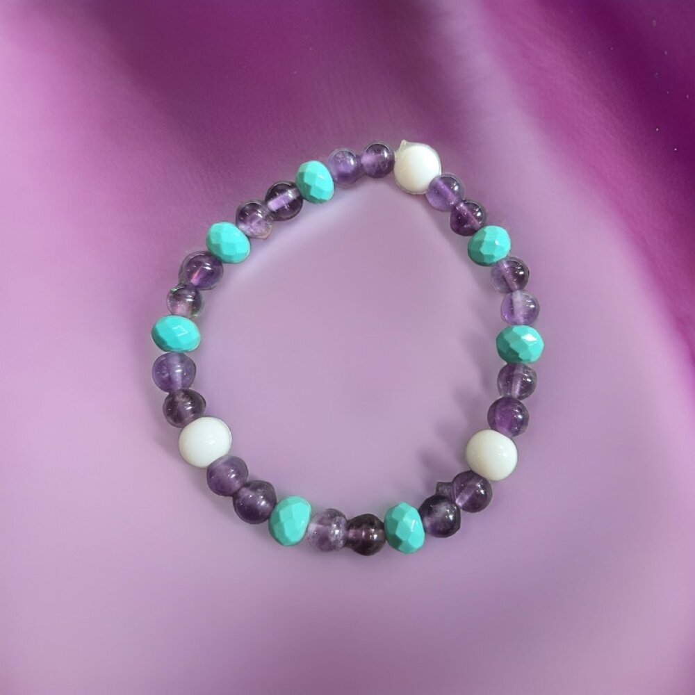 Amethyst, teal and white beaded bracelet~ handmade